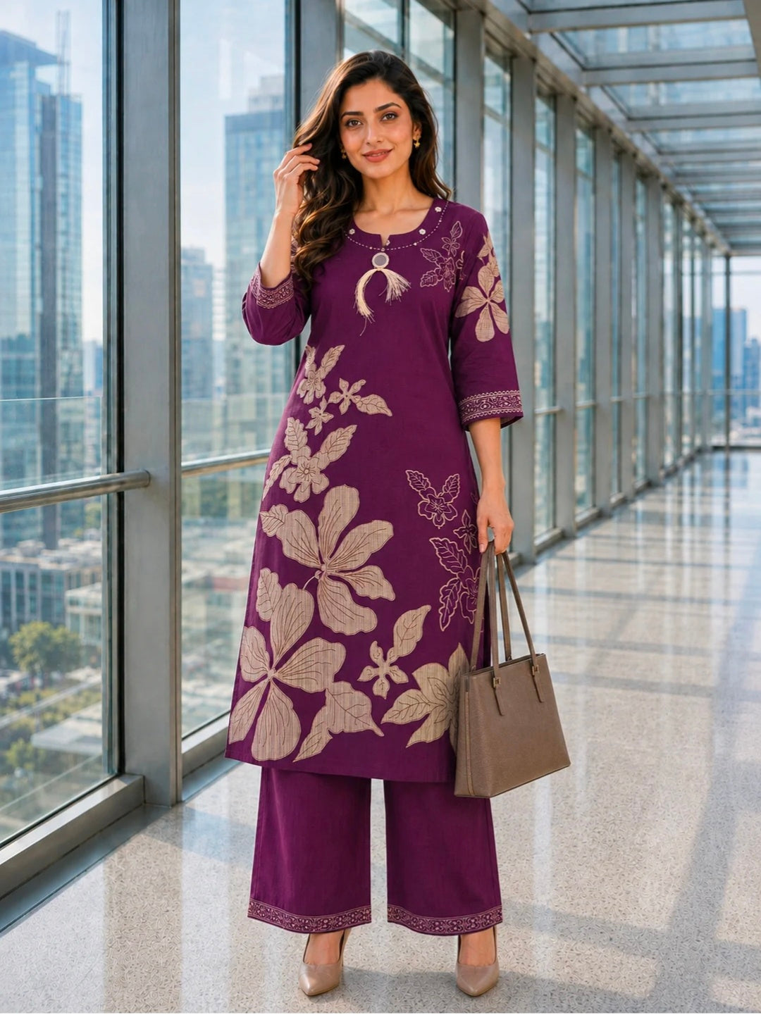 Berrylicious Women Chanderi Printed & Mirror Embellished Kurta with palazzo
