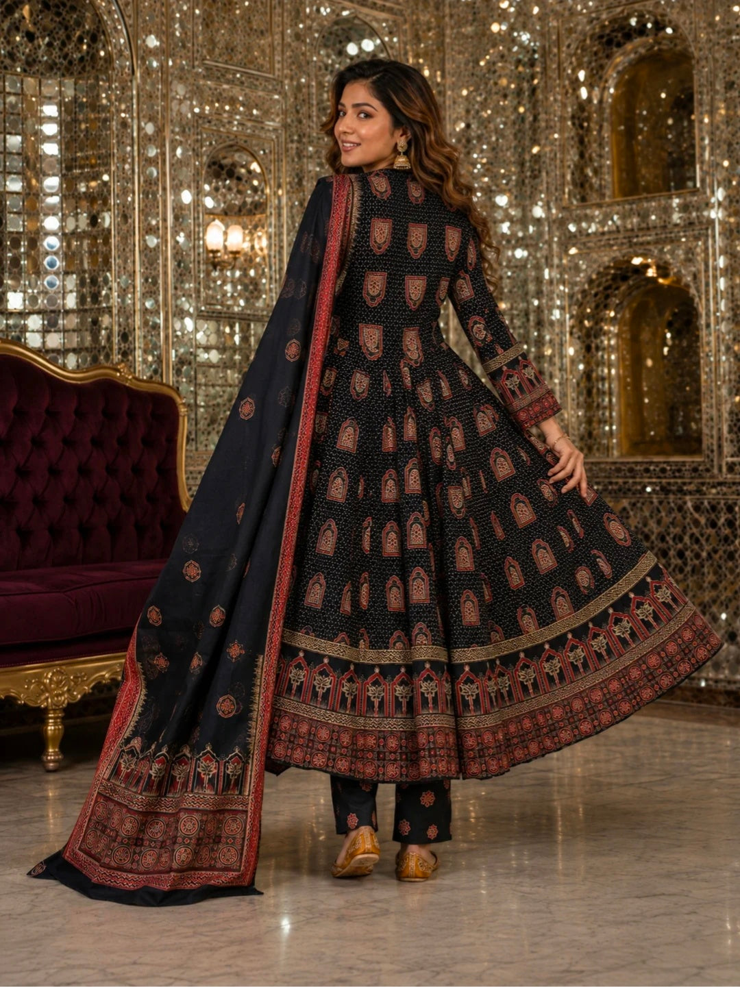 Berrylicious Women Motifs Printed Cotton Angrakha Anarkali Flared Kurta with Pant & Dupatta