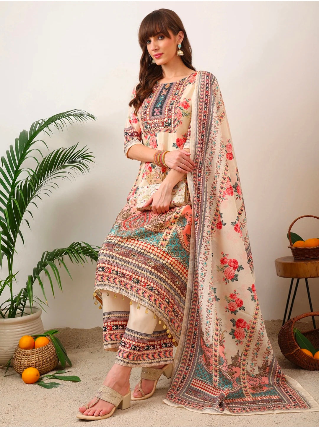 Embroidered & Printed Asymmetric Kurta with Palazzo & Printed Dupatta