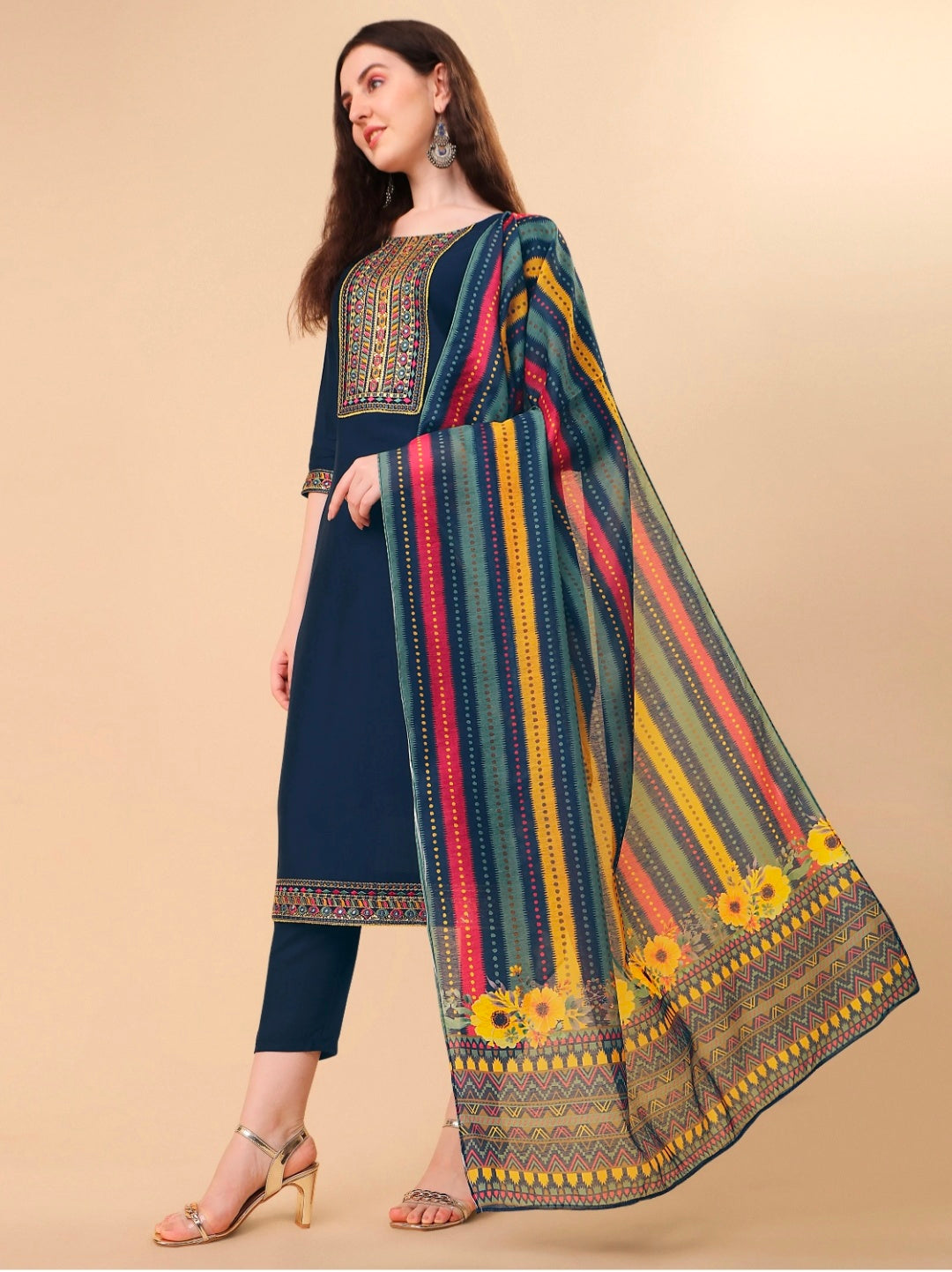 Teal Blue Embroidered Kurta Pant & Dupatta set