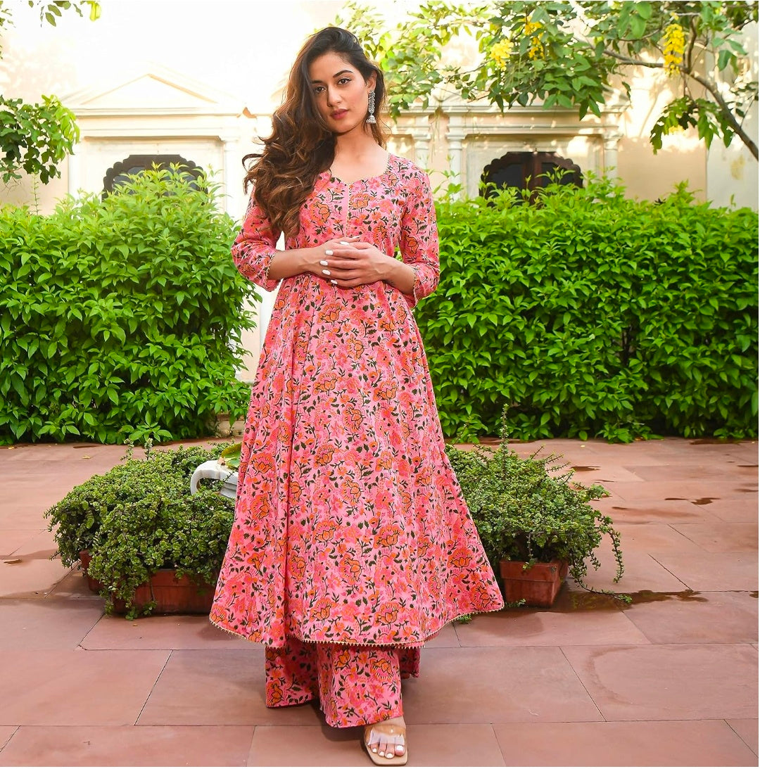 Arayna Women's Cotton Printed Anarkali Kurti with Palazzo Pants Set, Floral