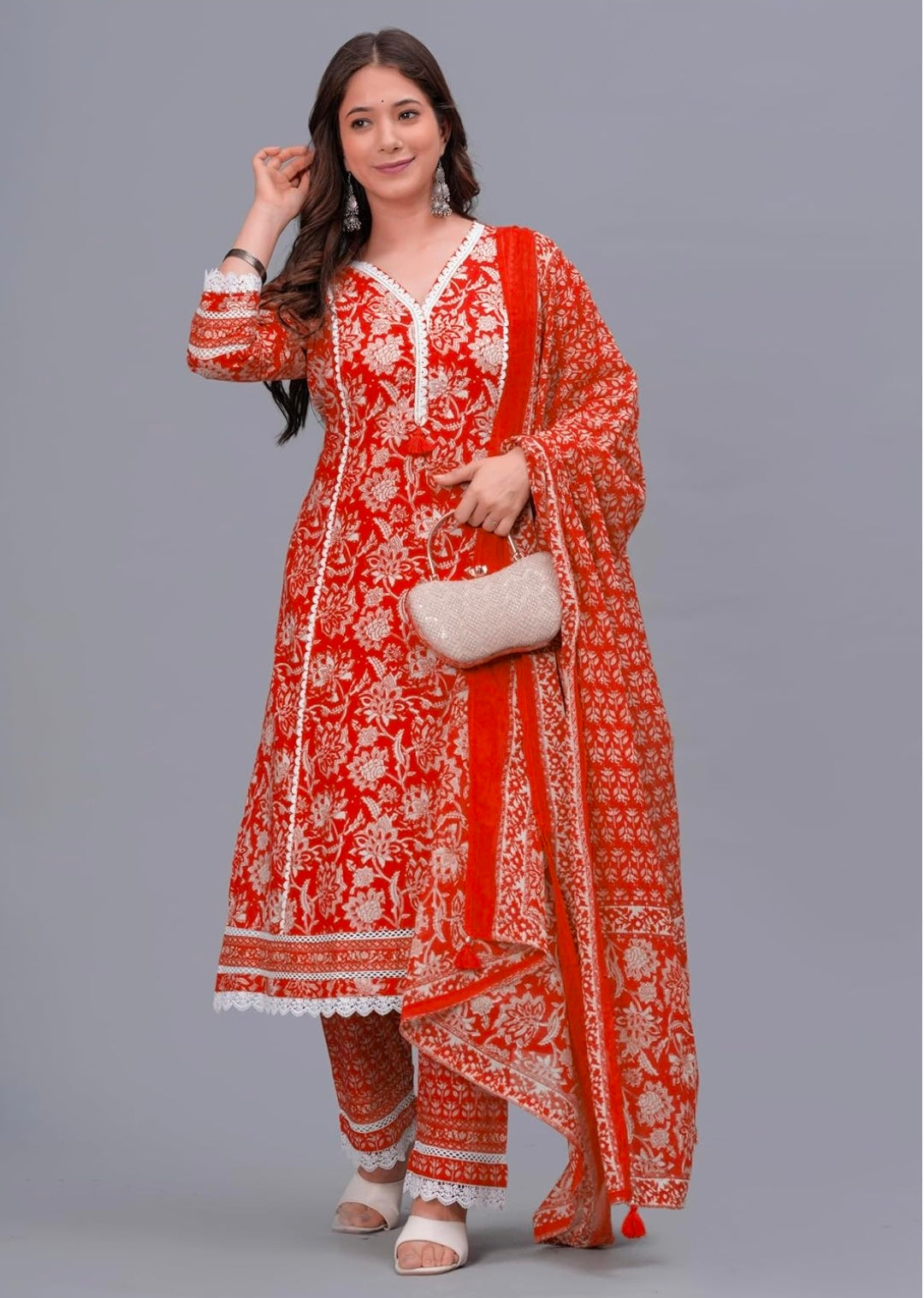 Amayra Women's Pure Cotton Printed Straight Kurta Set with Palazzo Pants & Dupatta- Ethnic Wear