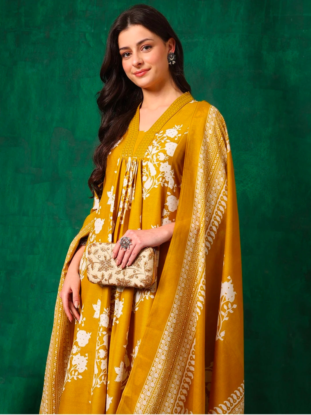 Embroidered & Printed Flared kurta with pant & Dupatta
