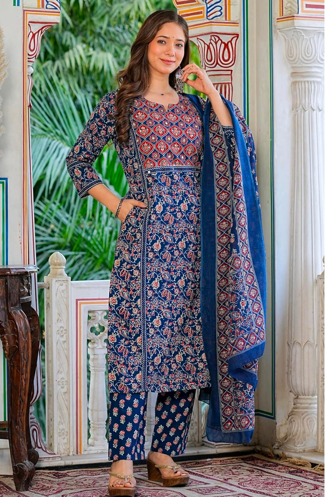Amayra Women's Pure Cotton Printed Straight Kurta Set with Palazzo Pants & Dupatta|Ethnic wear|Kurti Suit Set for Women