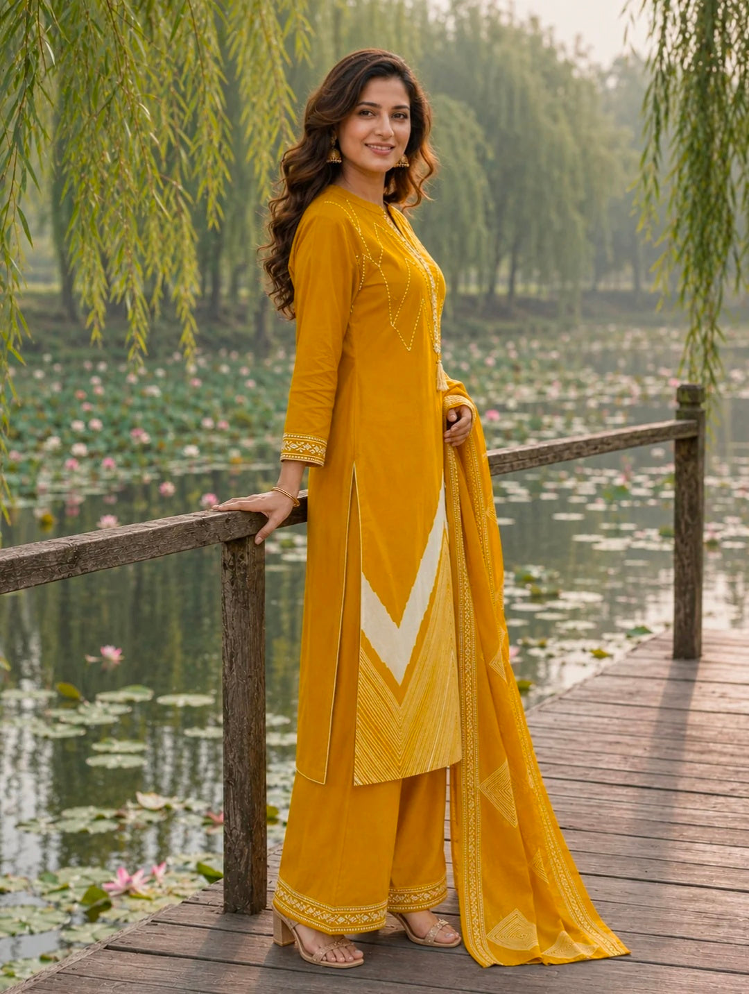 Berrylicious Women Pure Cotton  Printed & Hand Embroidered Kurta with palazzo & Dupatta