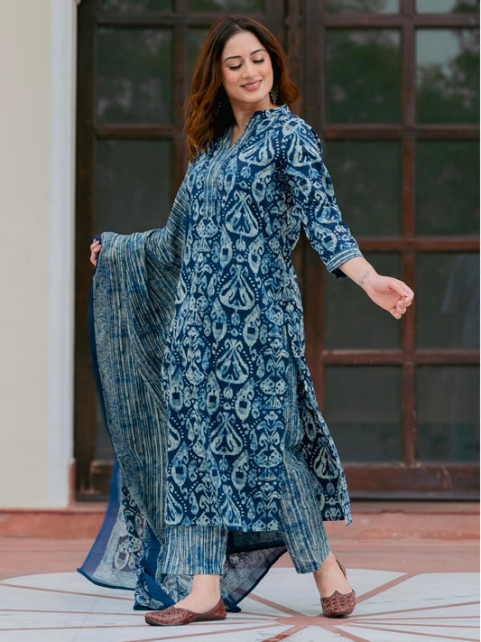 Arayna Women’s 100% Pure Cotton Ikat Printed Ethnic Straight Kurta Pant and Dupatta Set for Women