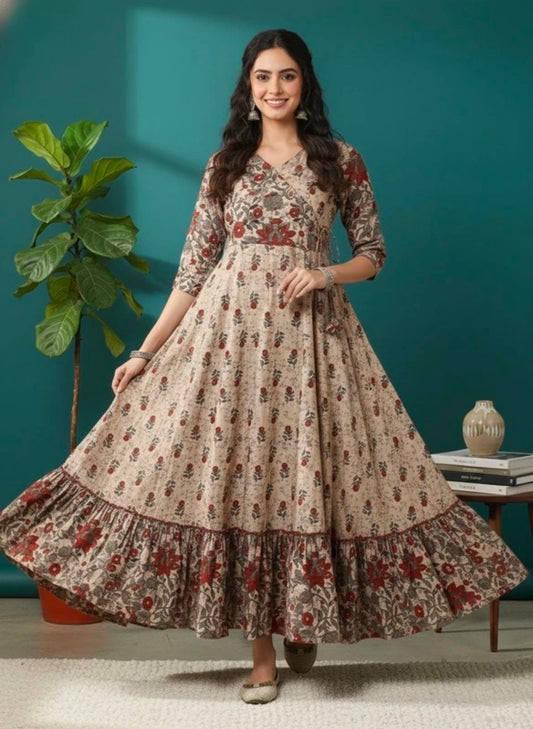 Sa Rasa Women's Brown Pure Cotton Printed Anarkali Kurta