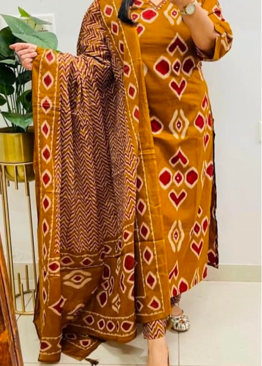 Women's Mustard Ikat Print Kurta with Pant and Dupatta Set