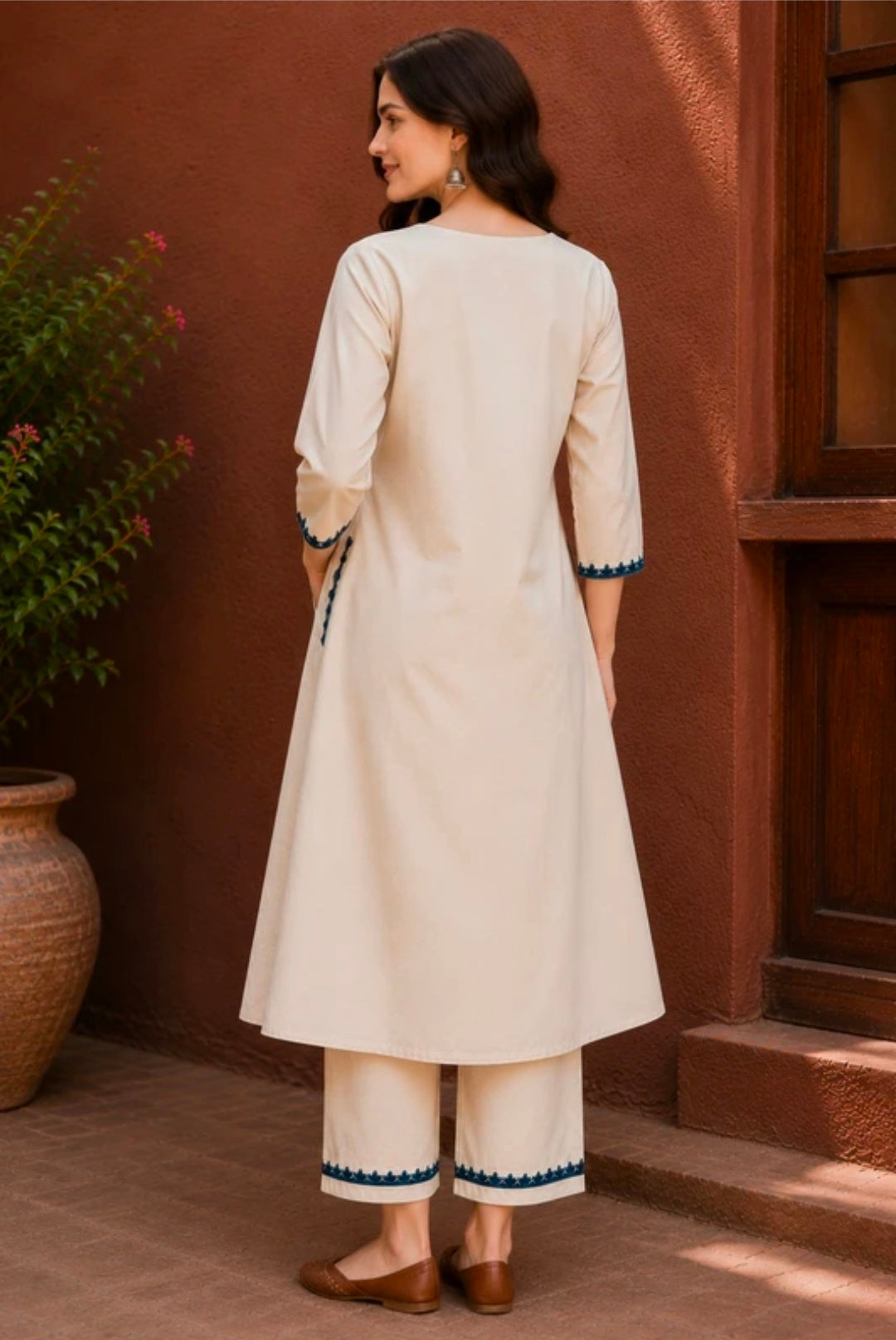 Women's Pure Cotton A-Line Kurta Palazzo Pant Set | Embroidered Ethnic Motifs Style
