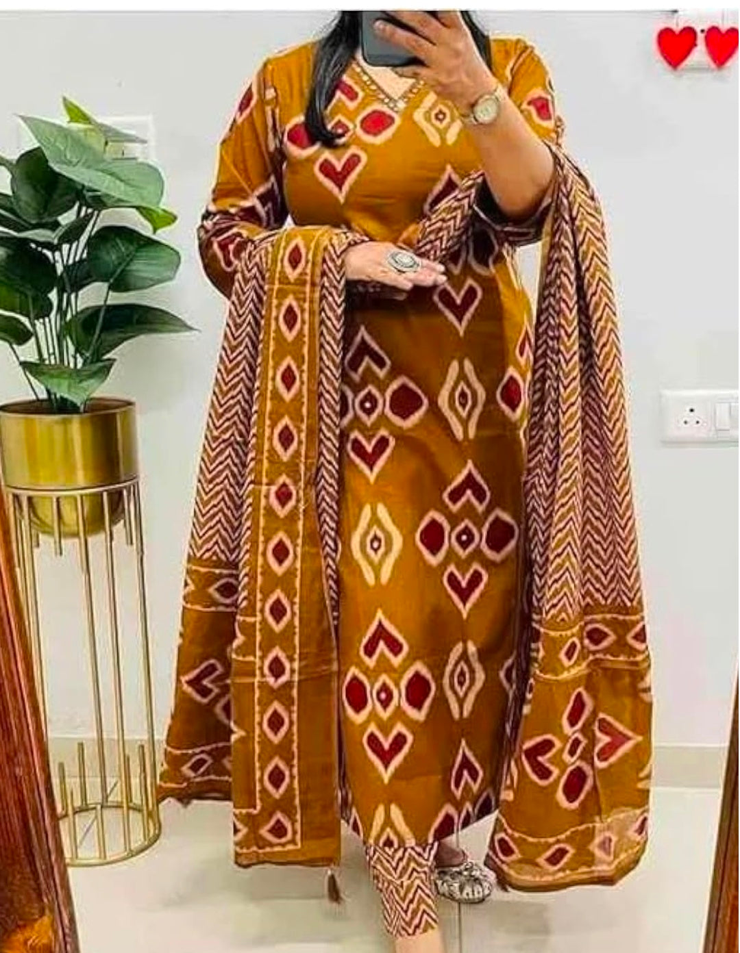 Women's Mustard Ikat Print Kurta with Pant and Dupatta Set
