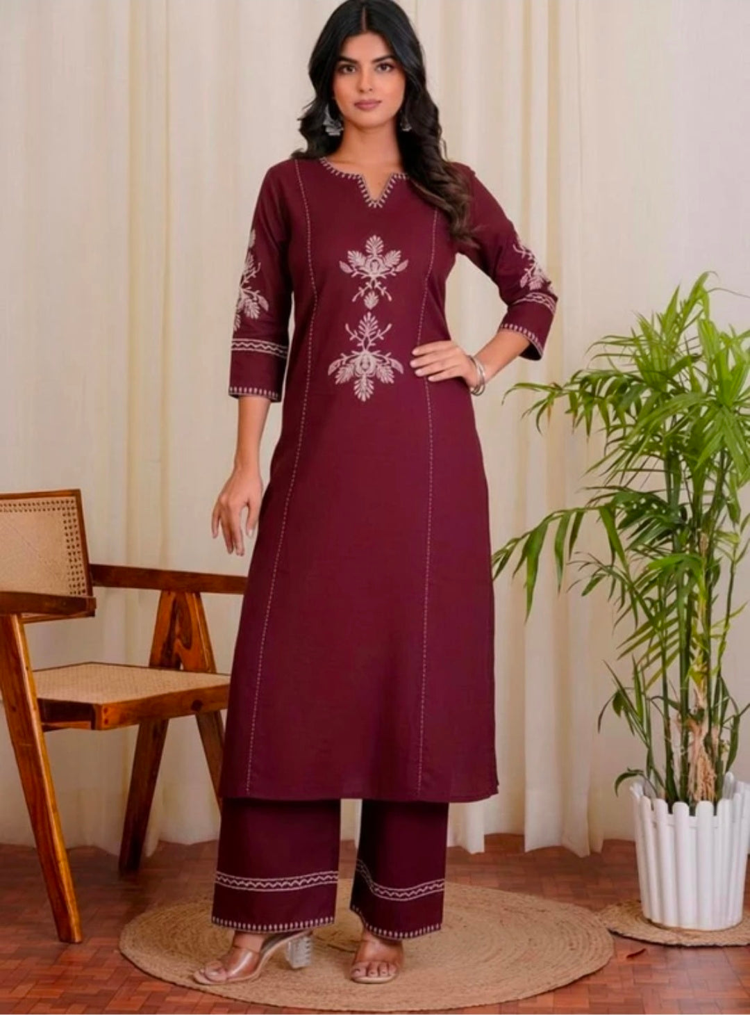 Women's White Khadi Cotton A-Line Kurti Palazzo set