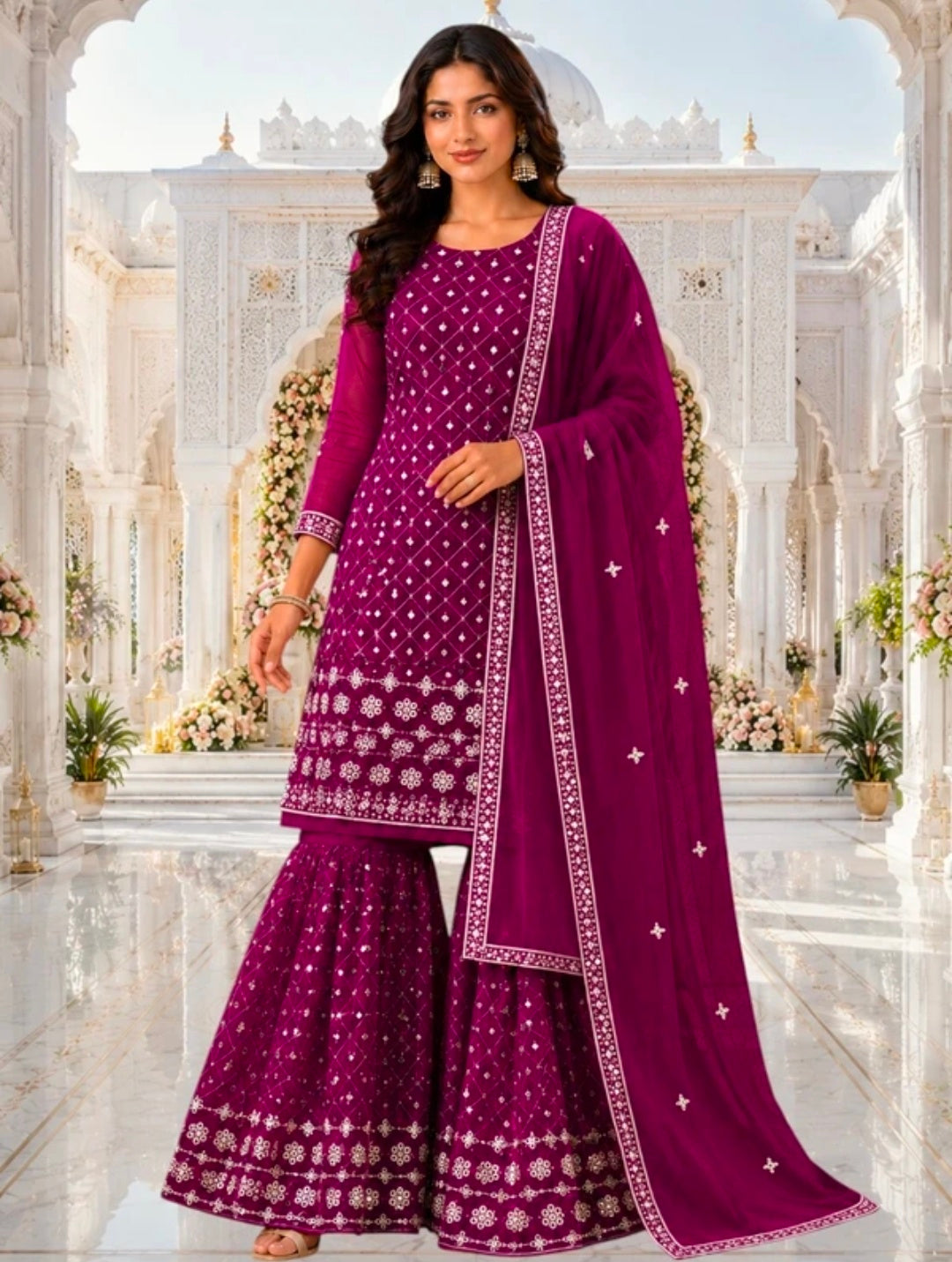 Women's Georgette A-line Kurta Sharara & Dupatta Set | Embroidered Sequenced Mirror Work