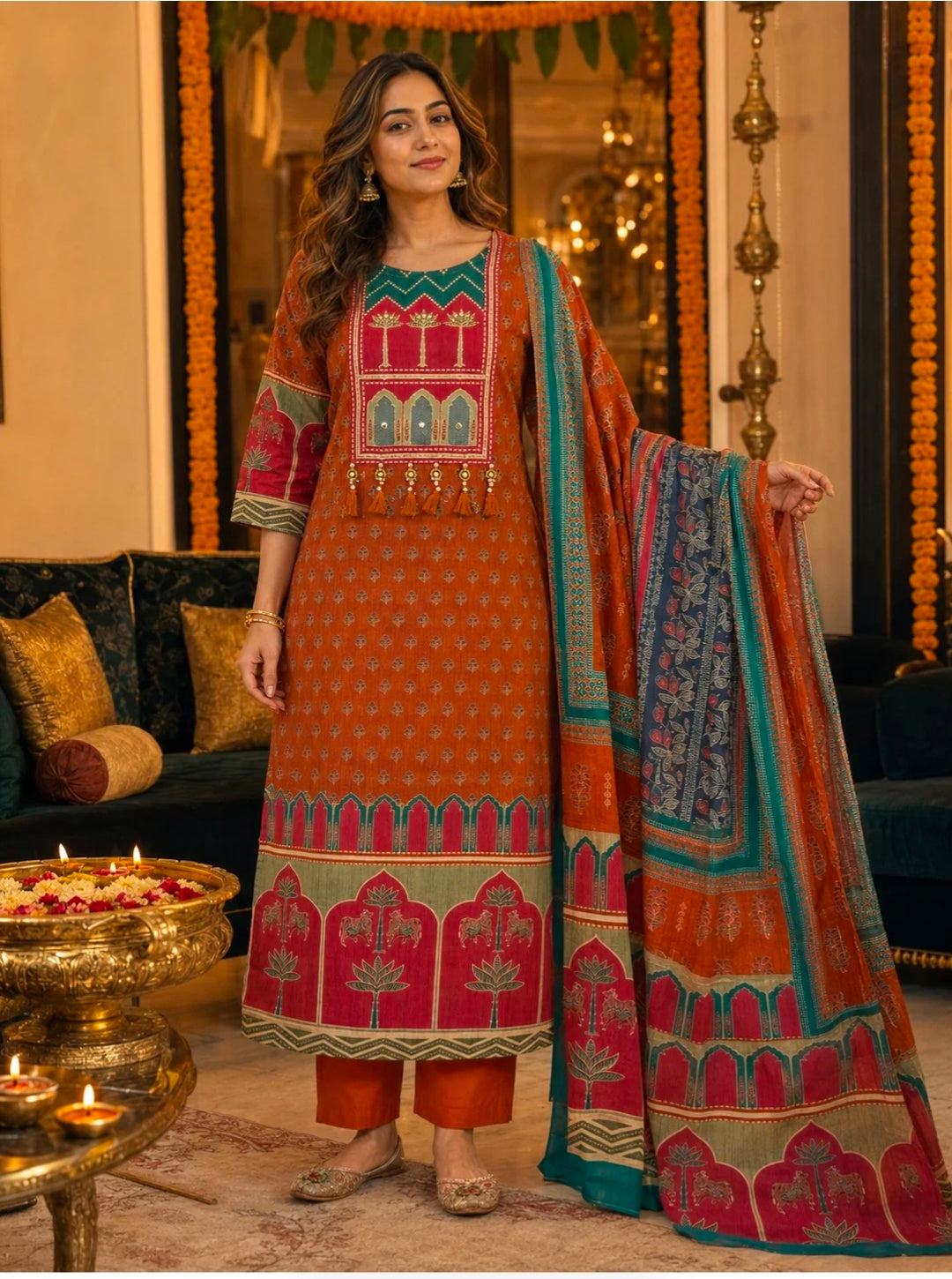 Berrylicious Women Cotton Printed & Bead Embroidered Kurta With Pant & Dupatta