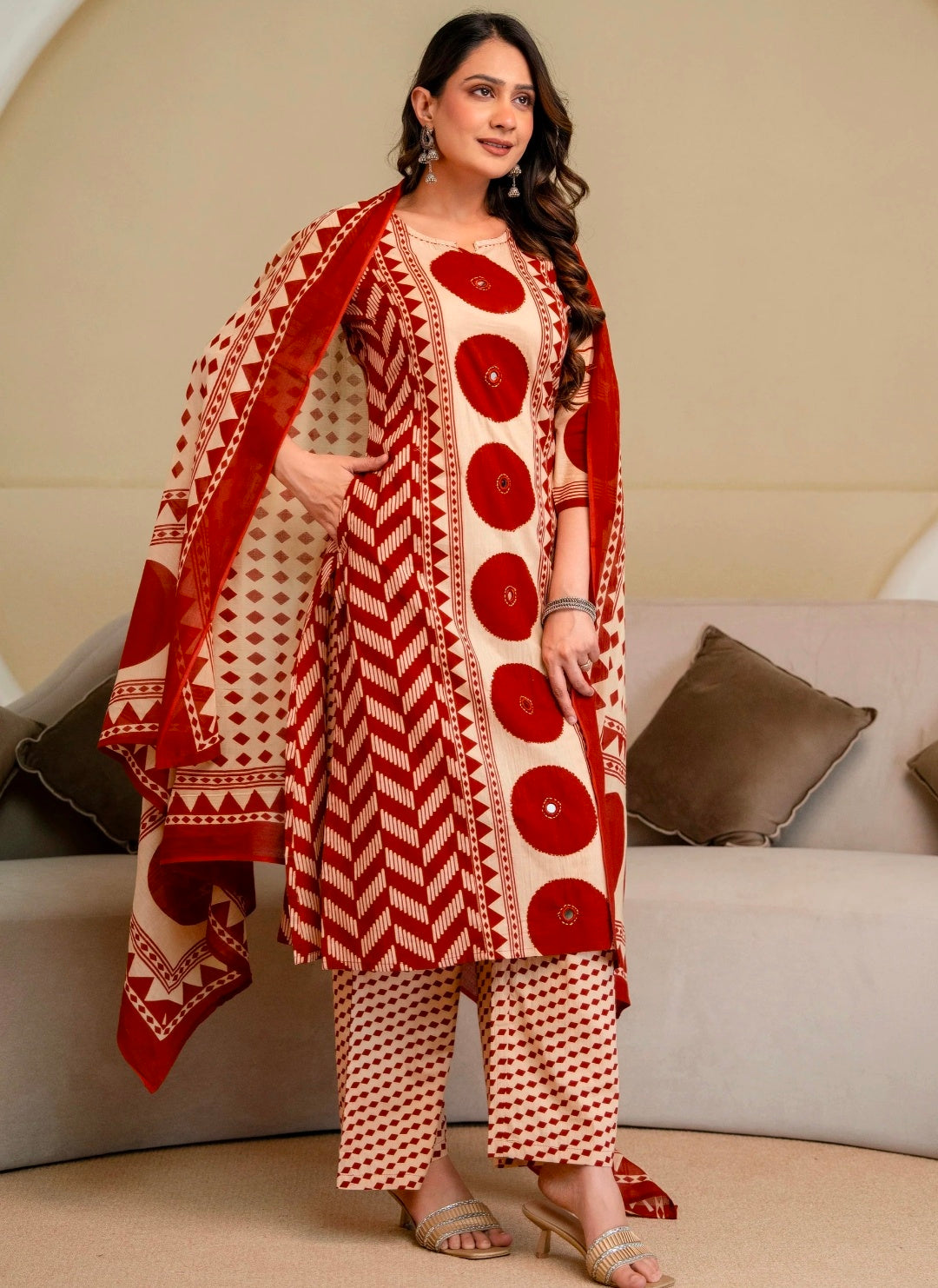 Berrylicious Women Cotton Geometric Printed Straight Kurta Set with Mirror Embroidery & Dupatta