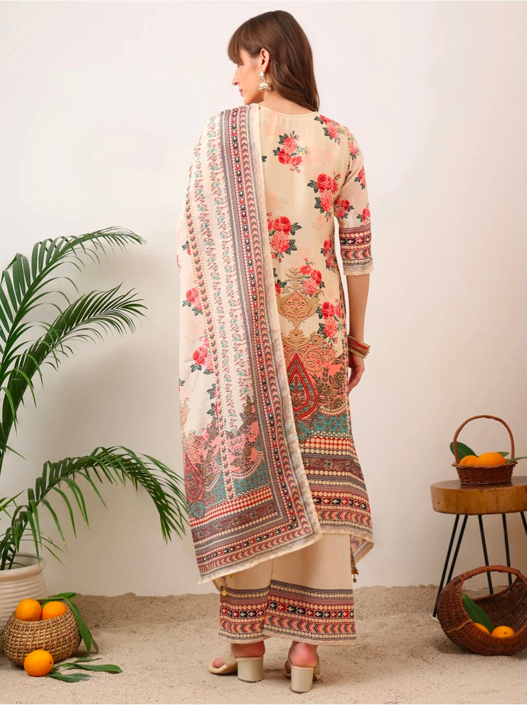 Embroidered & Printed Asymmetric Kurta with Palazzo & Printed Dupatta