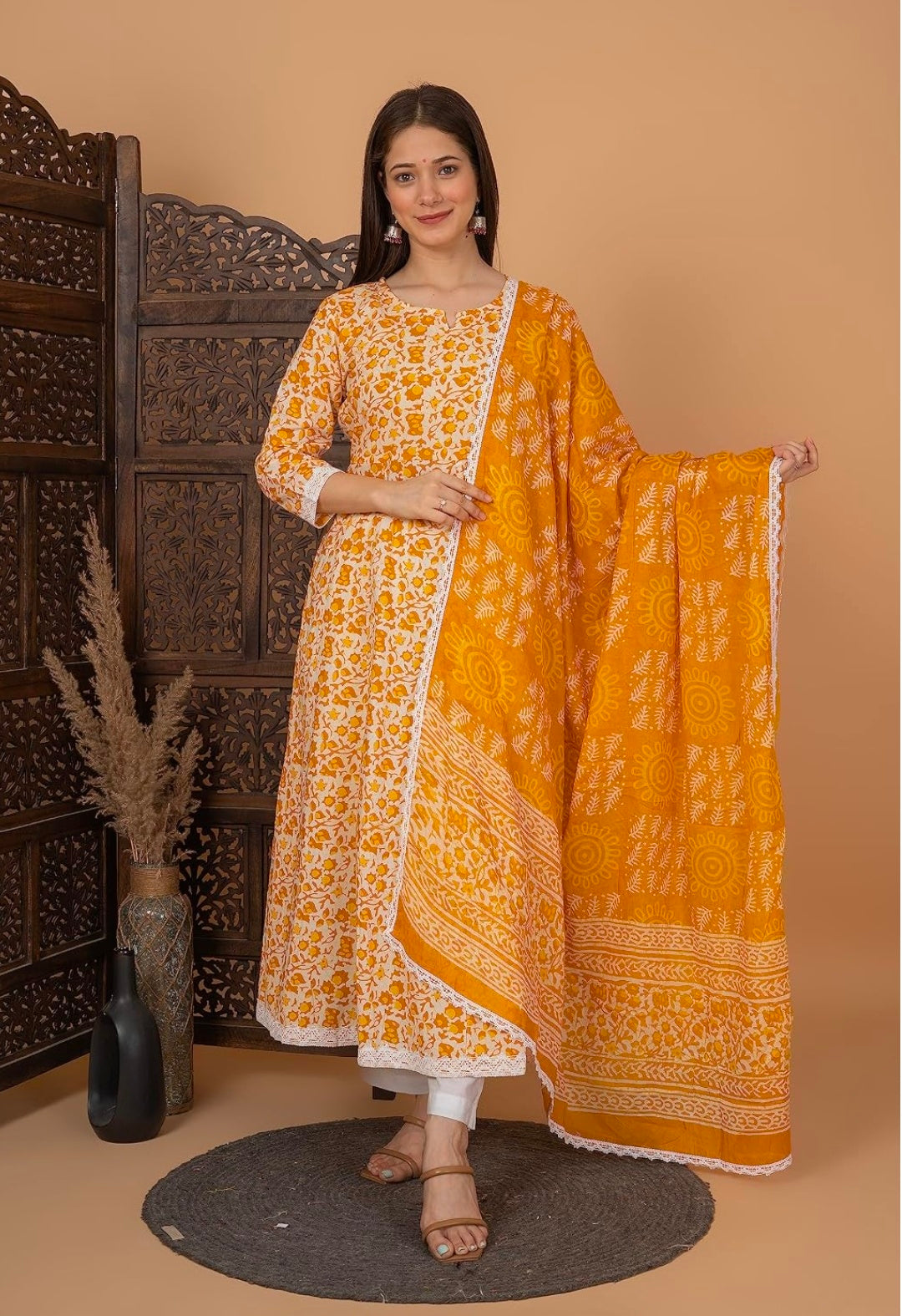 Pure Cotton Printed Anarkali Kurta with Palazzo & Dupatta Set