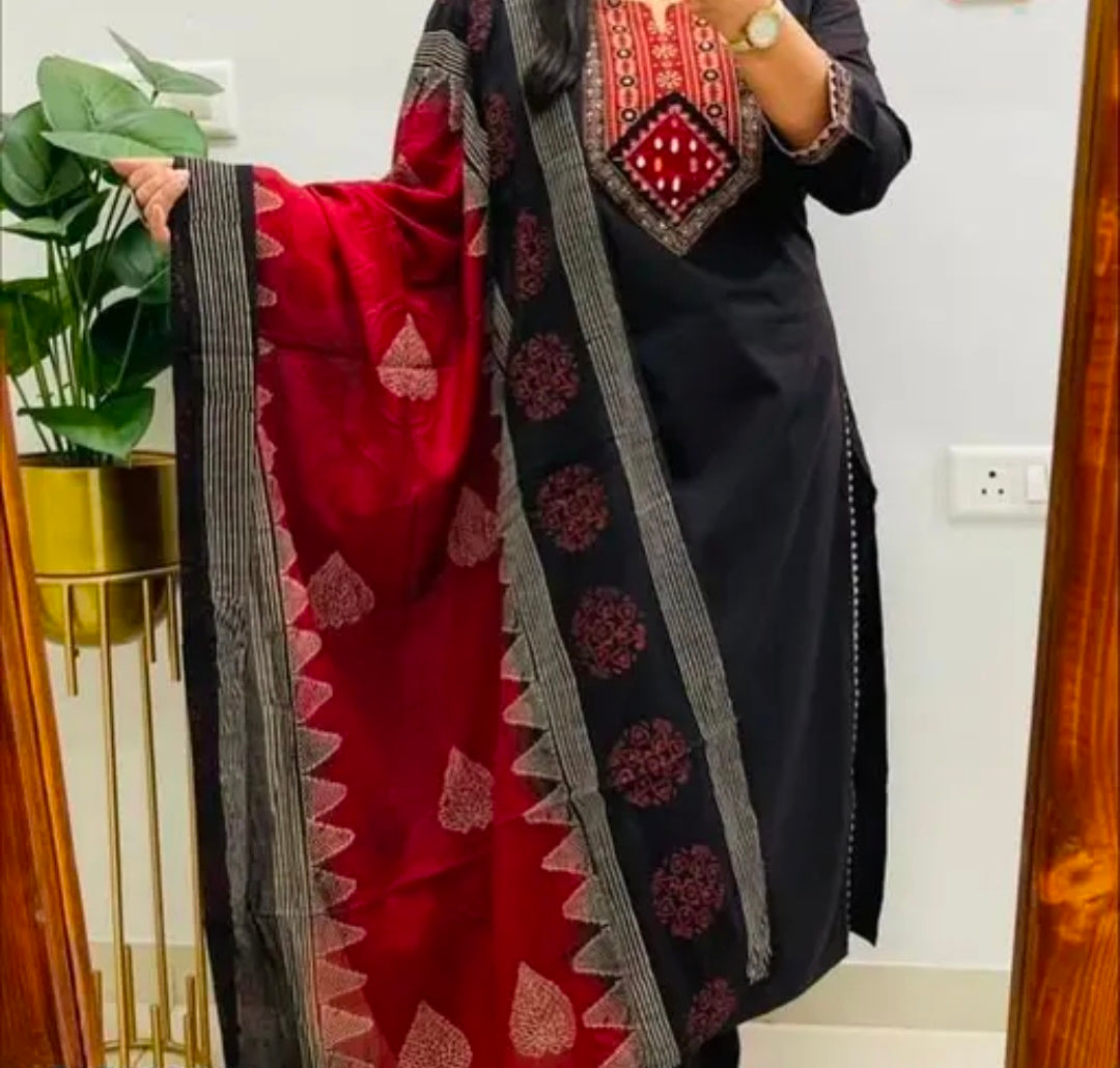 Women's Classic Cotton Rayon Kurta Pant Dupatta Set | 3 Piece Ethnic Set | Mulmul Dupatta