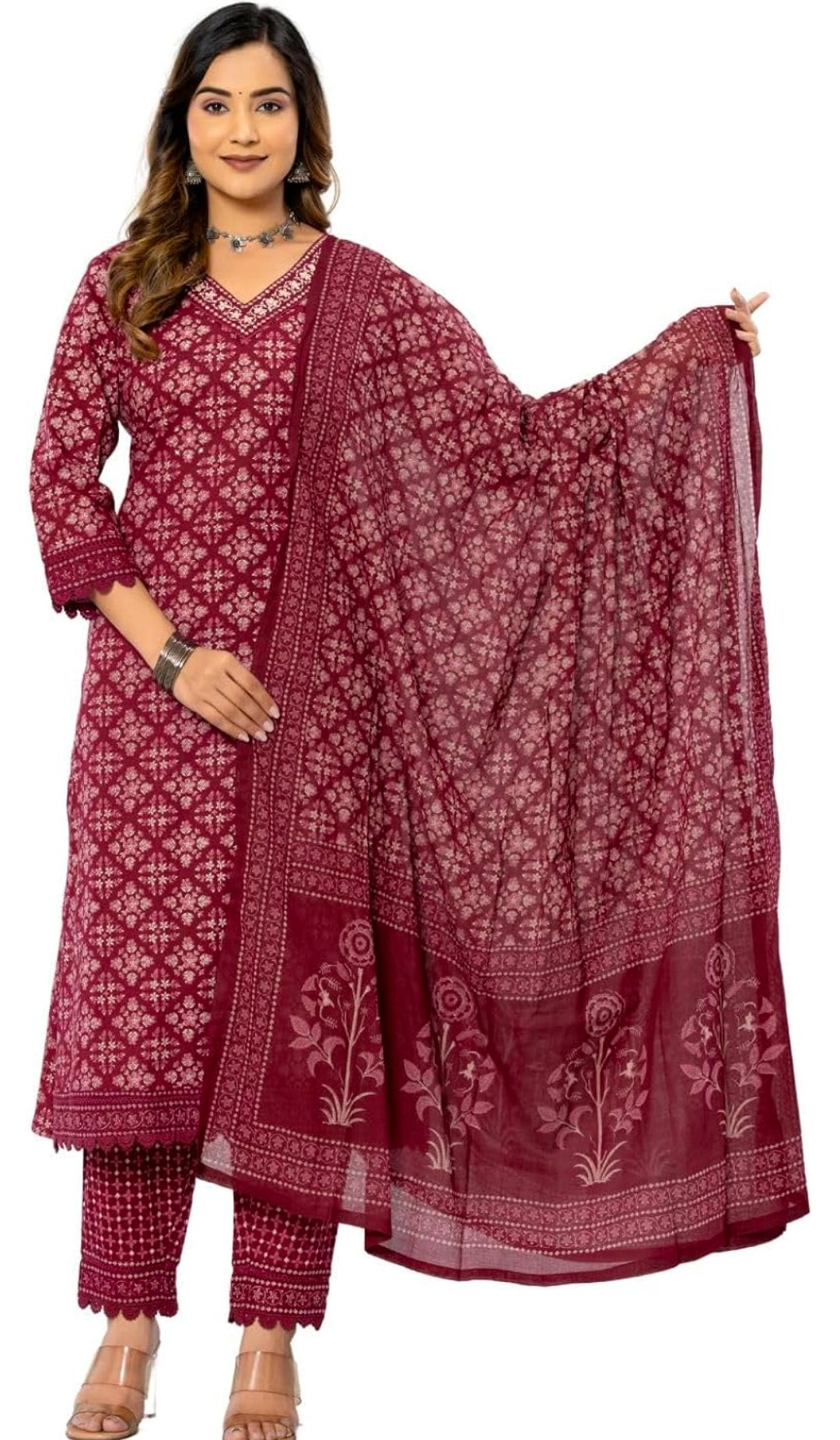 Amayra Women's Cotton Printed Straight Kurta with Pant and Dupatta Set
