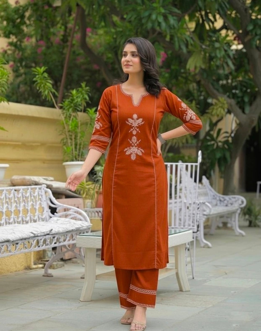 Women's White Khadi Cotton A-Line Kurti Palazzo set