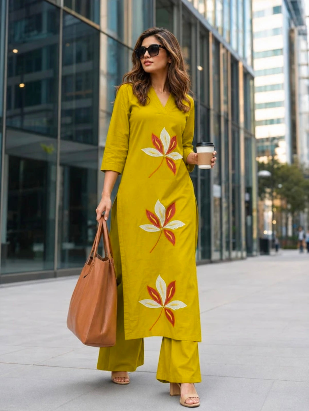 Women's Cotton Straight-Fit Kurta with V-Neck and Embroidered Palazzos Set | 2 Piece Casual Co-ord Set