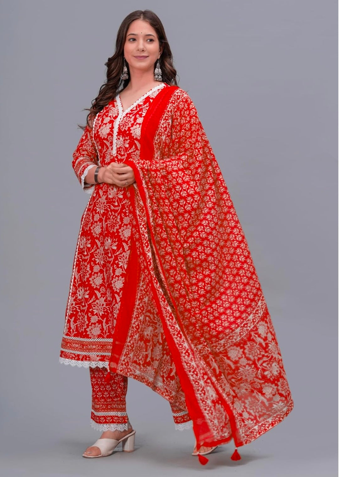 Amayra Women's Pure Cotton Printed Straight Kurta Set with Palazzo Pants & Dupatta- Ethnic Wear
