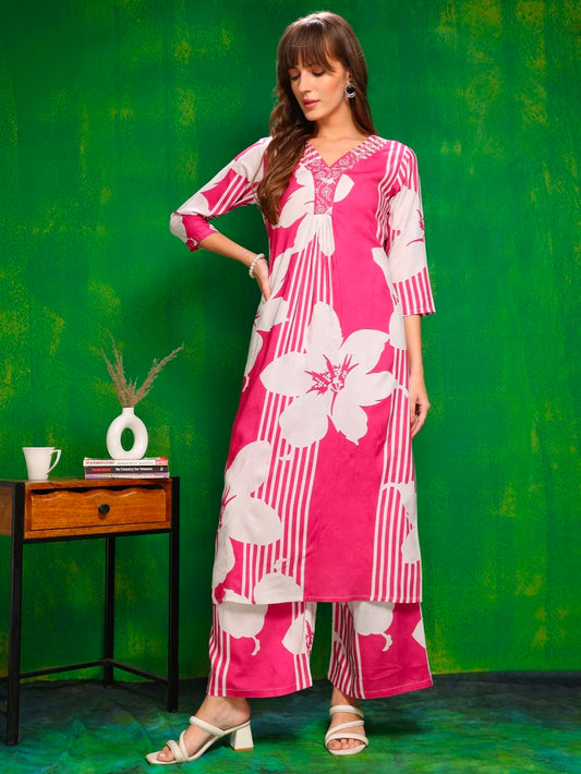 Embroidered neck kurta Set