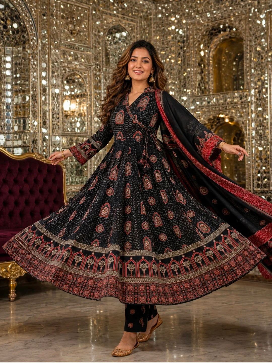 Berrylicious Women Motifs Printed Cotton Angrakha Anarkali Flared Kurta with Pant & Dupatta