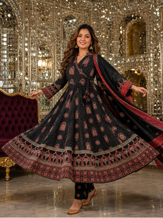 Berrylicious Women Motifs Printed Cotton Angrakha Anarkali Flared Kurta with Pant & Dupatta