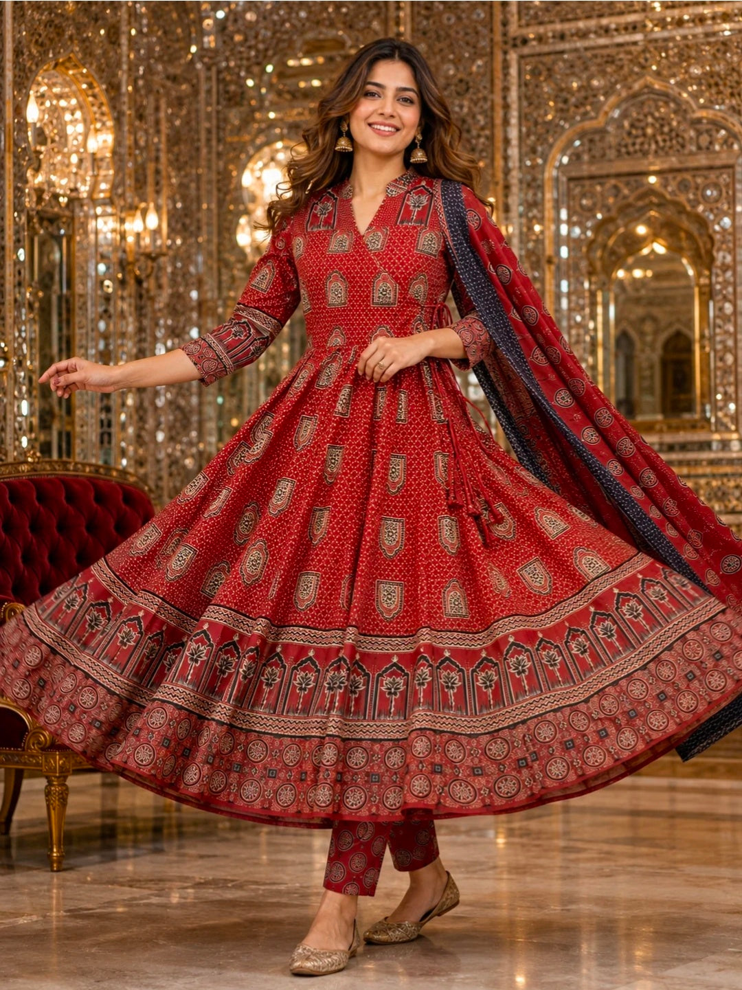 Berrylicious Women Motifs Printed Cotton Angrakha Anarkali Flared Kurta with Pant & Dupatta