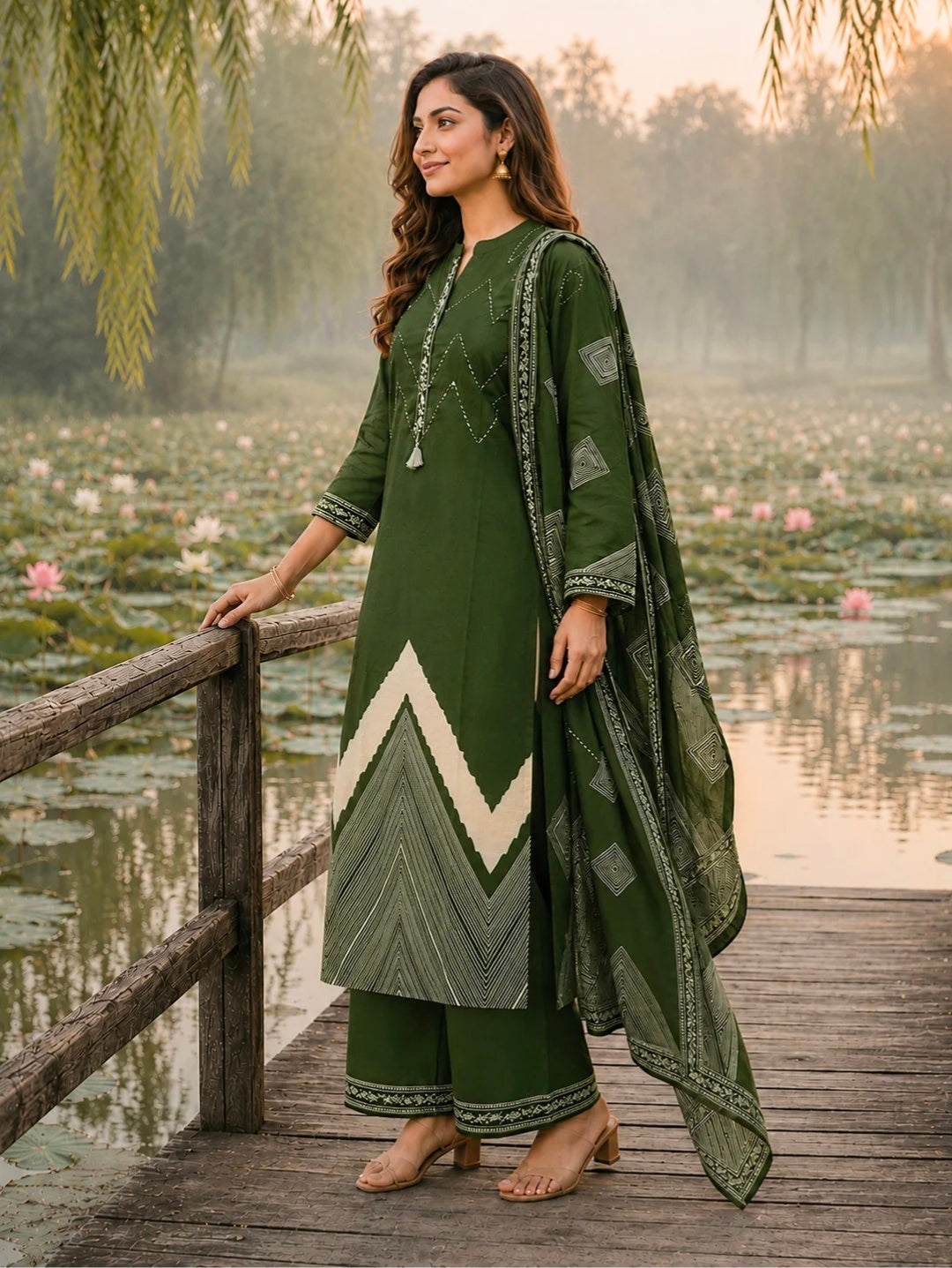 Berrylicious Women Pure Cotton  Printed & Hand Embroidered Kurta with palazzo & Dupatta