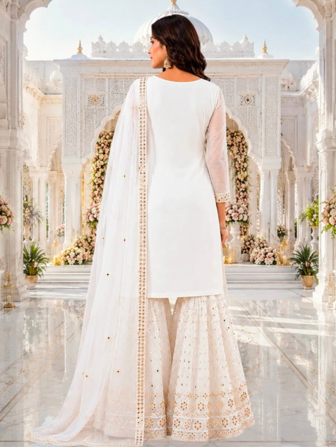 Women's Georgette A-line Kurta Sharara & Dupatta Set | Embroidered Sequenced Mirror Work