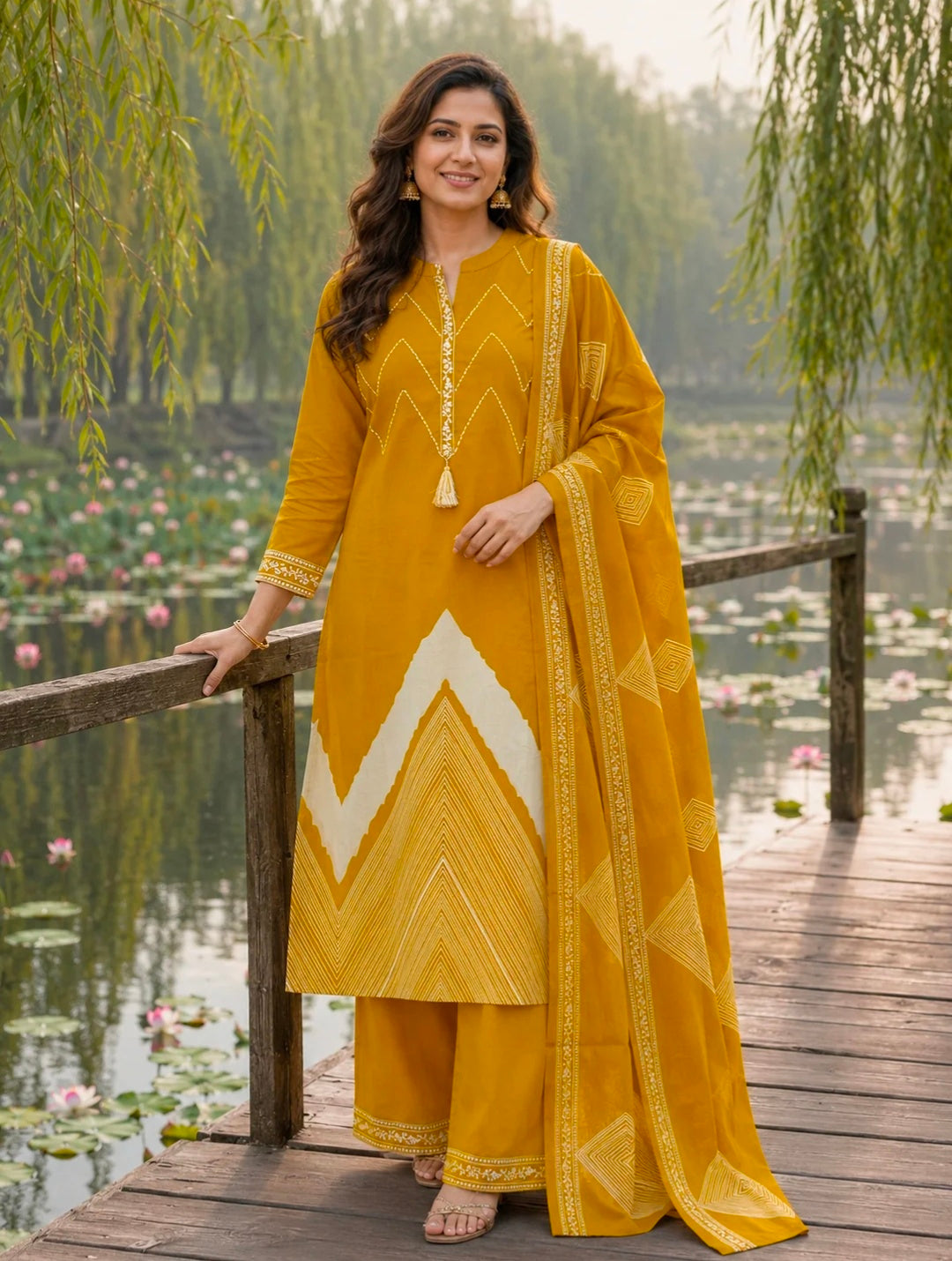 Berrylicious Women Pure Cotton  Printed & Hand Embroidered Kurta with palazzo & Dupatta