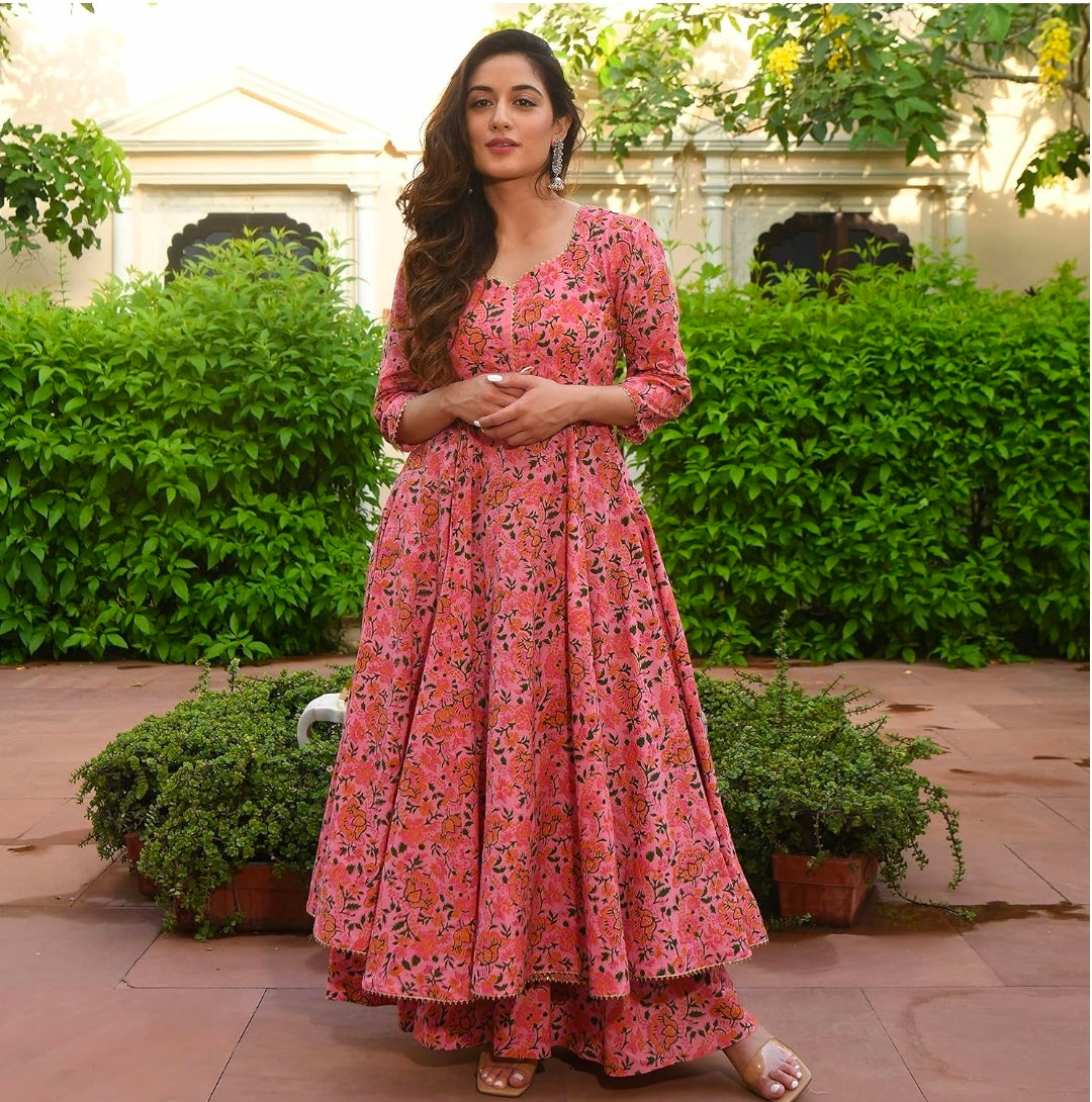 Arayna Women's Cotton Printed Anarkali Kurti with Palazzo Pants Set, Floral