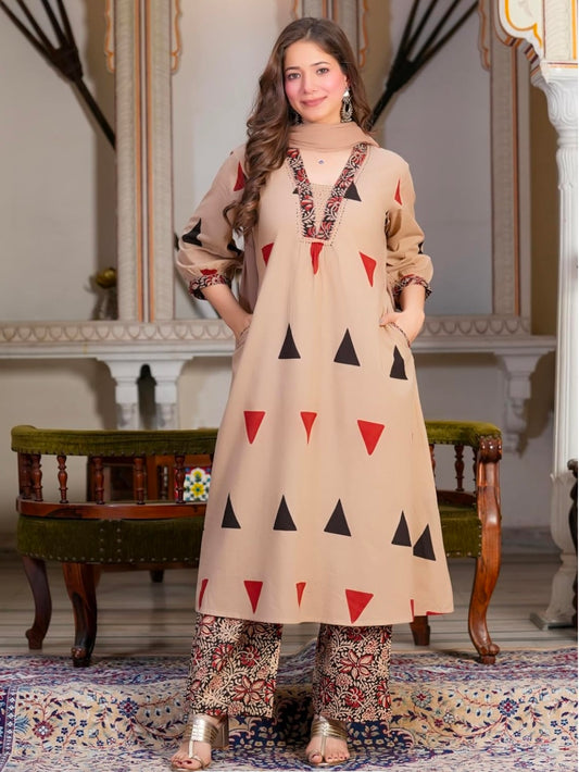 Amayra Woman's Pure Cotton A-Line Kurta Sets with Palazzos & Dupatta|Kurti Set for Woman|Suit Set for Women Cotton
