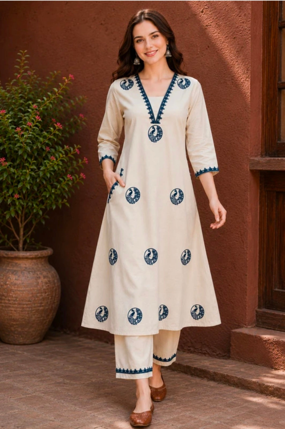 Women's Pure Cotton A-Line Kurta Palazzo Pant Set | Embroidered Ethnic Motifs Style