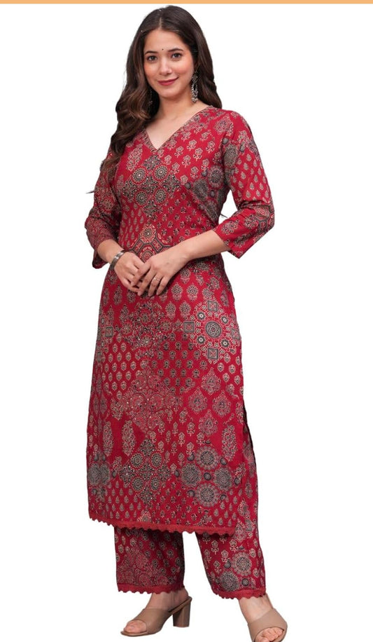 Women's Pure Cotton Printed Straight Kurta Set with Palazzo Pants