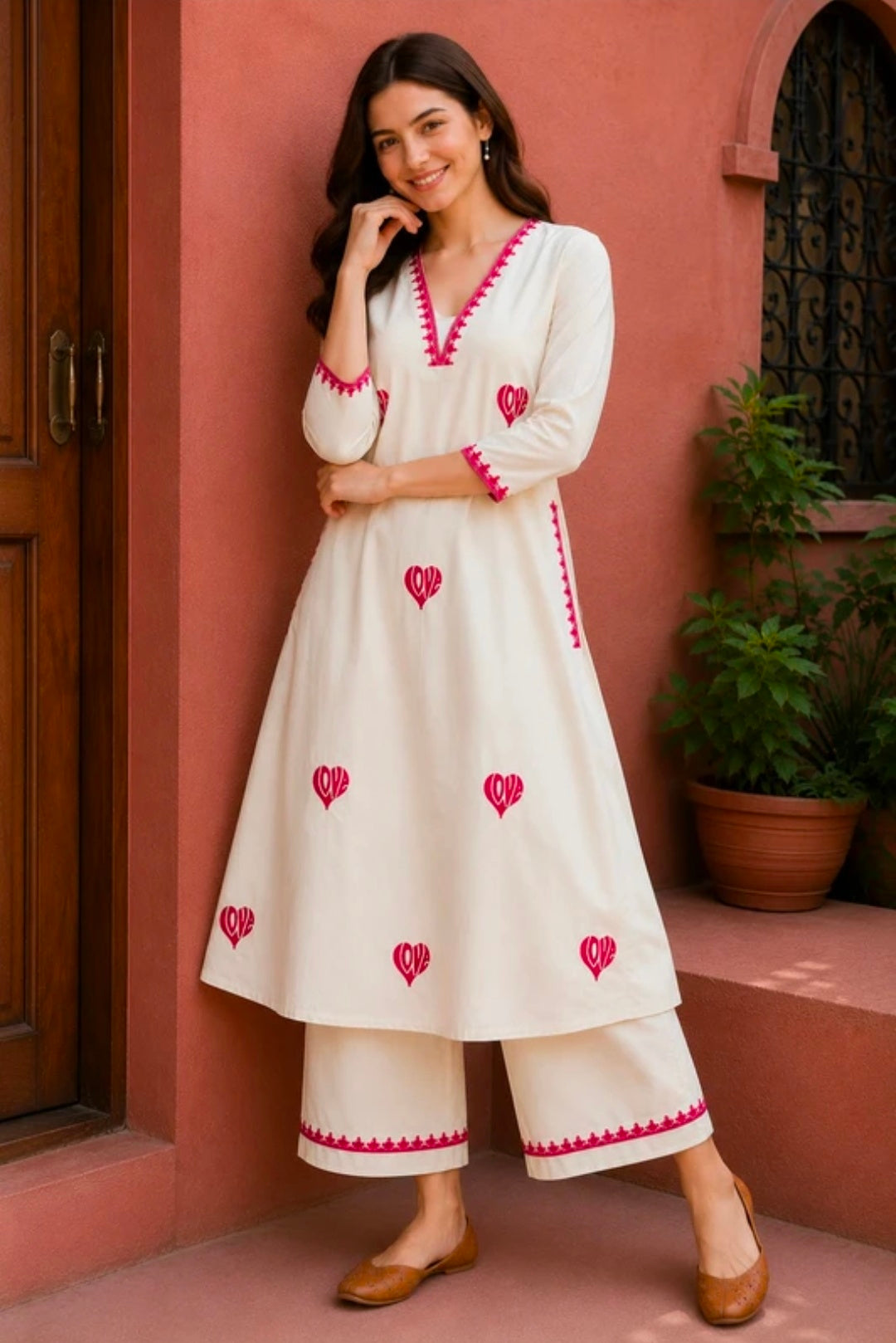 Women's Pure Cotton A-Line Kurta Palazzo Pant Set | Embroidered Ethnic Motifs Style