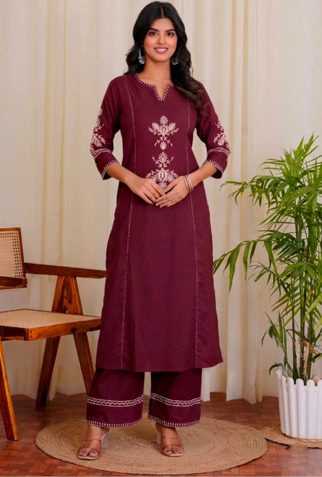 Women's White Khadi Cotton A-Line Kurti Palazzo set