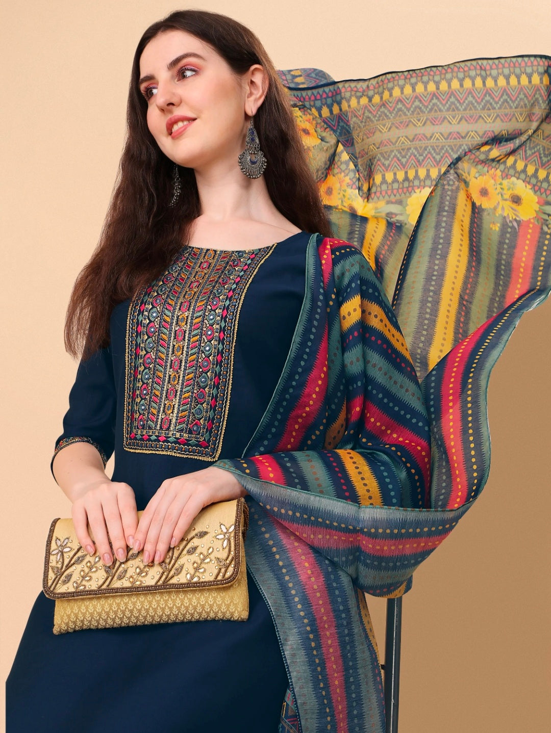 Teal Blue Embroidered Kurta Pant & Dupatta set