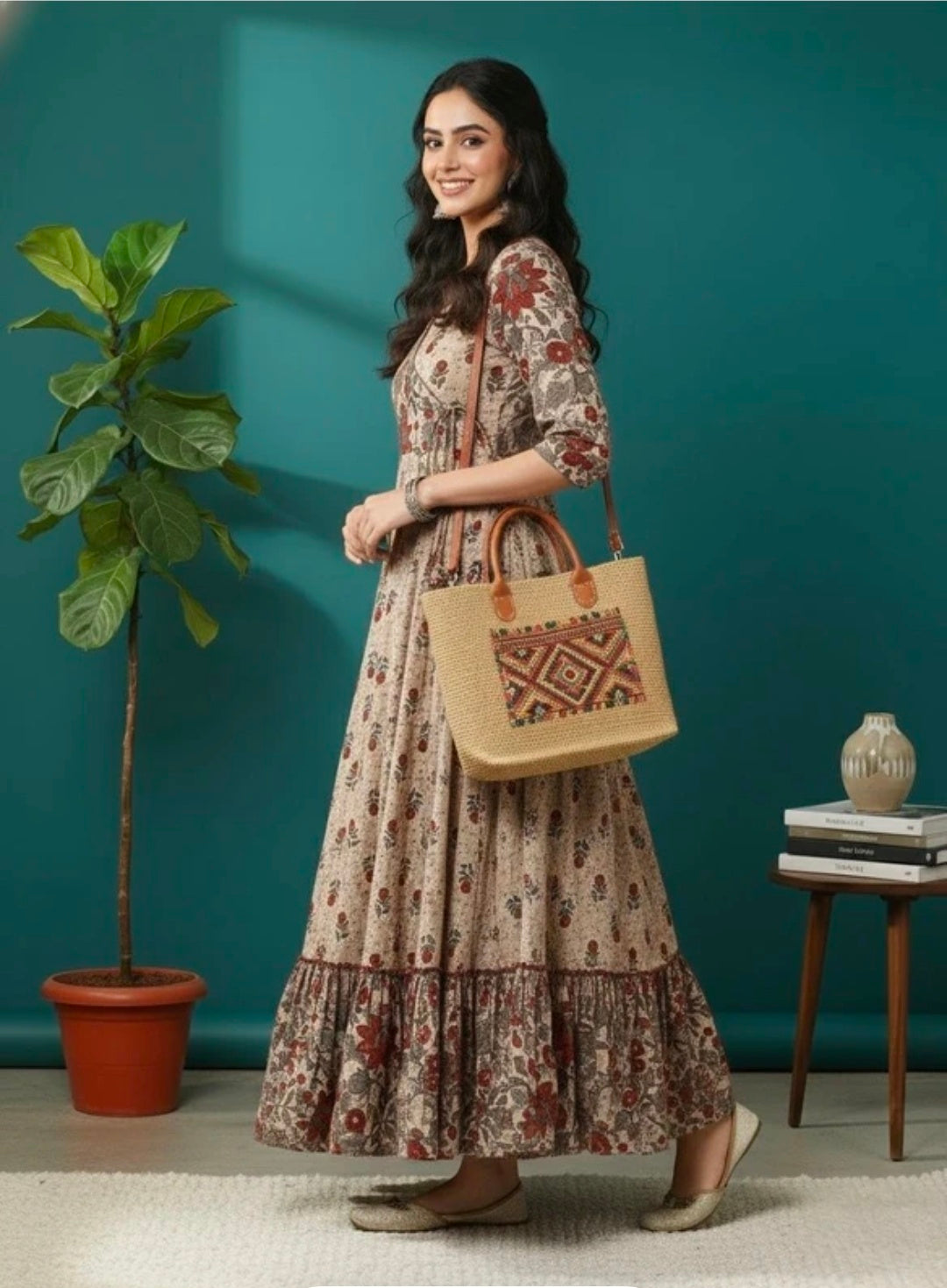 Sa Rasa Women's Brown Pure Cotton Printed Anarkali Kurta