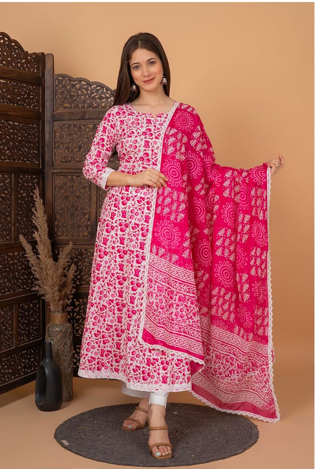 Pure Cotton Printed Anarkali Kurta with Palazzo & Dupatta Set