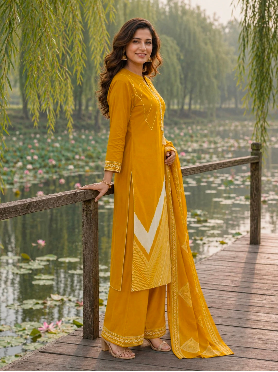 Berrylicious Women Pure Cotton  Printed & Hand Embroidered Kurta with palazzo & Dupatta
