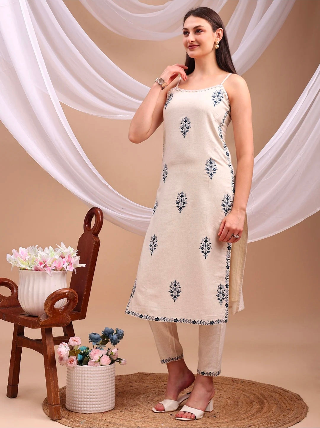 Berrylicious Women Cotton Embroidered Straight Kurta Set with Spaghetti Strap & Straight Pants