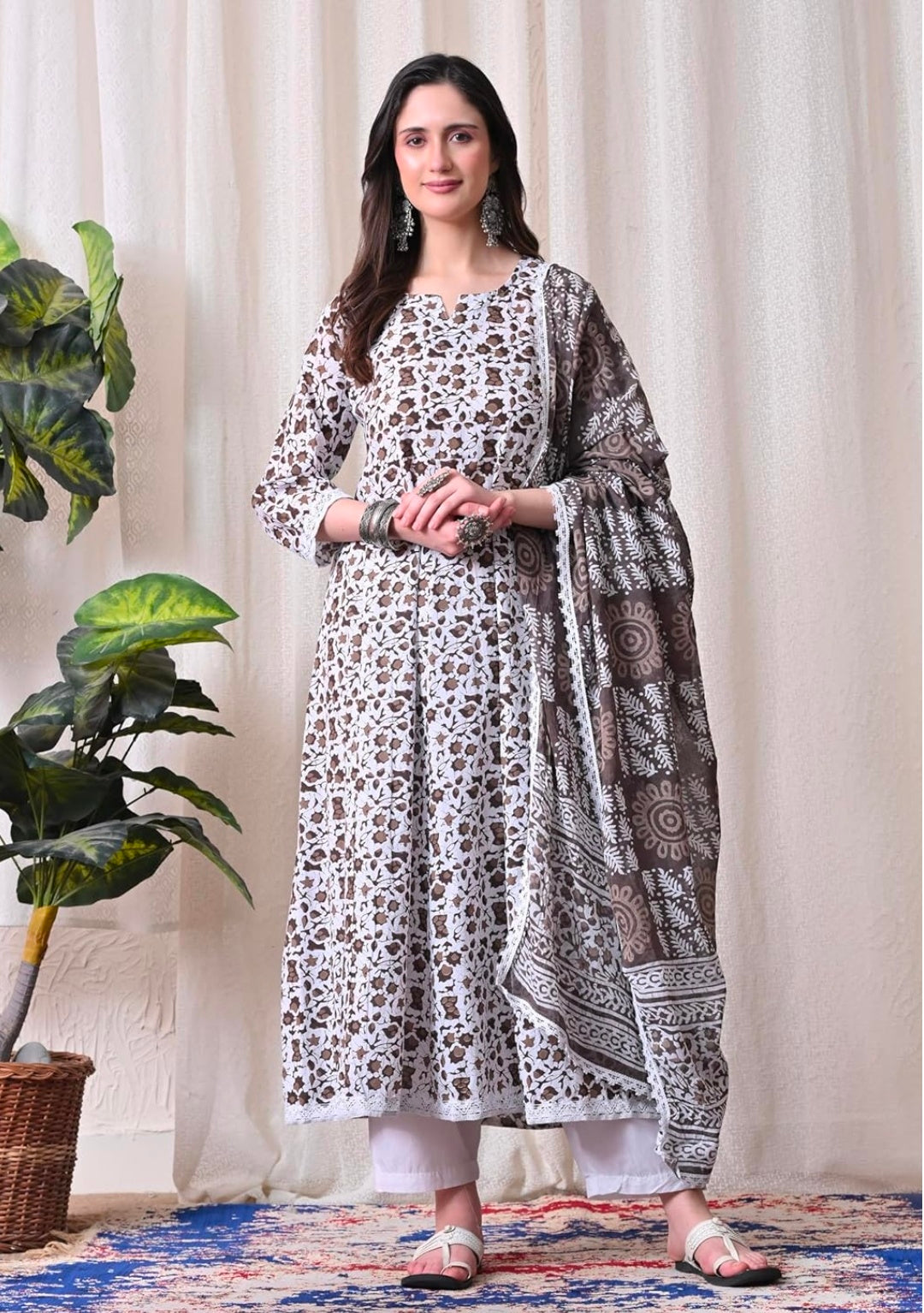 Pure Cotton Printed Anarkali Kurta with Palazzo & Dupatta Set