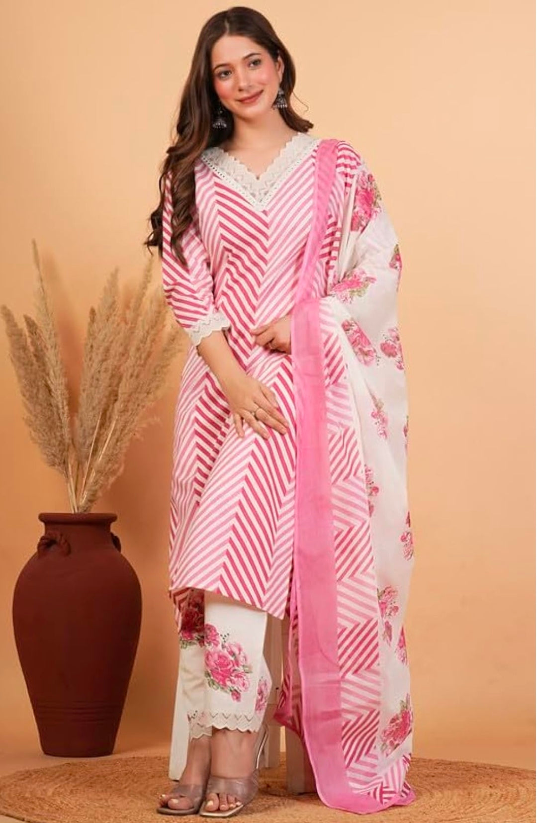 Rytras Women Pure Cotton Printed Straight Kurta Set with Palazzo pants & dupatta|Ethnic wear|Kurti Suit Set for Women