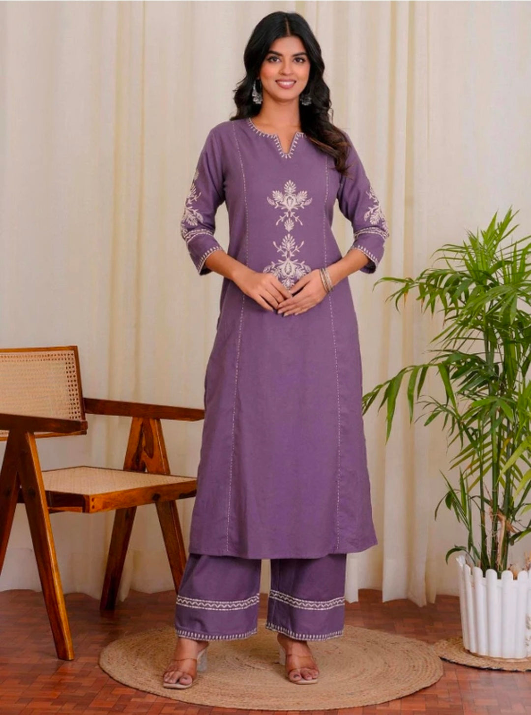 Women's White Khadi Cotton A-Line Kurti Palazzo set