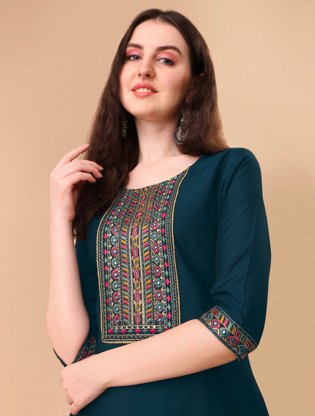 Teal Blue Embroidered Kurta Pant & Dupatta set