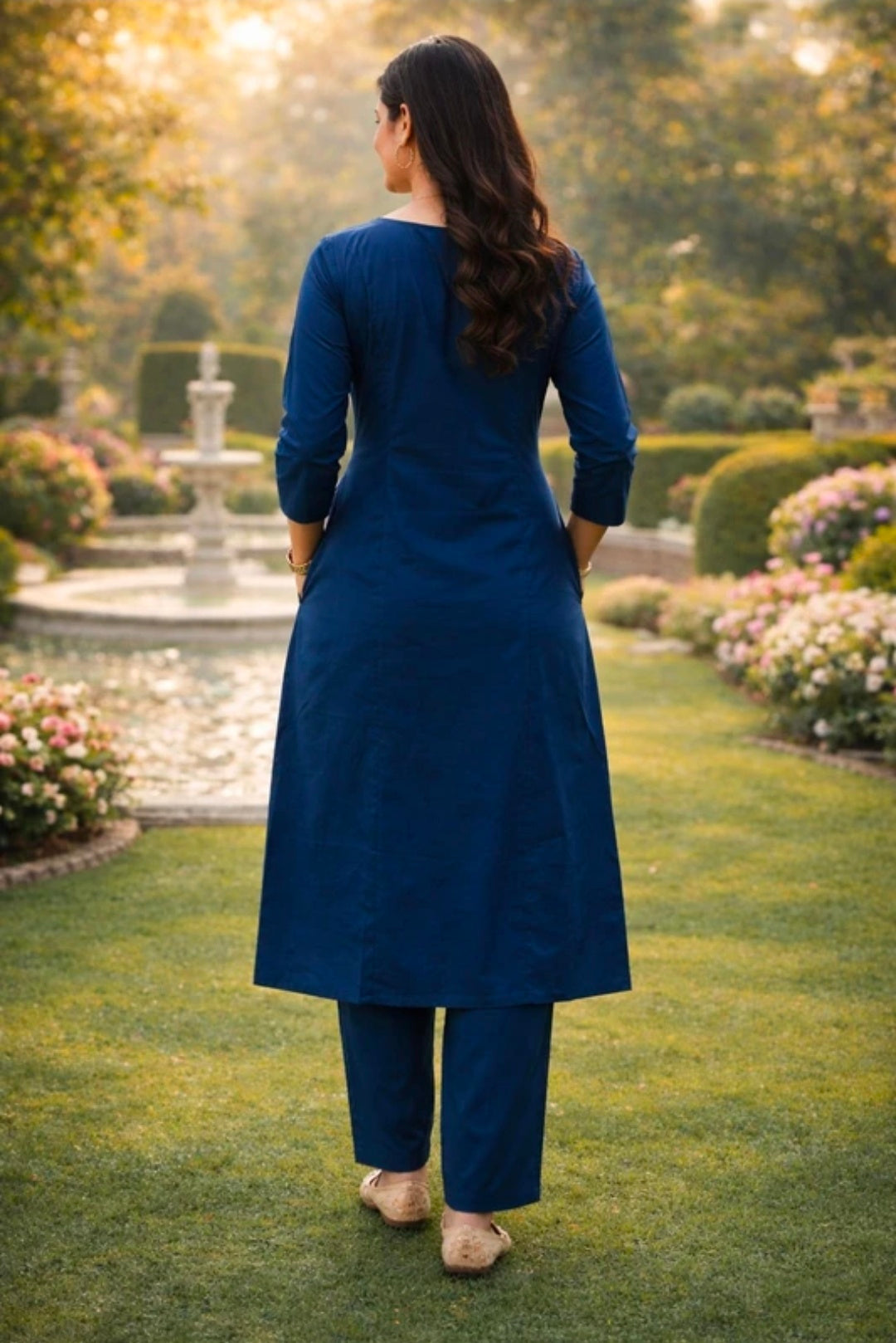 Jaipuri Collection Women's Blue Pure Cotton Embroidered Straight Kurta with Palazzo Set