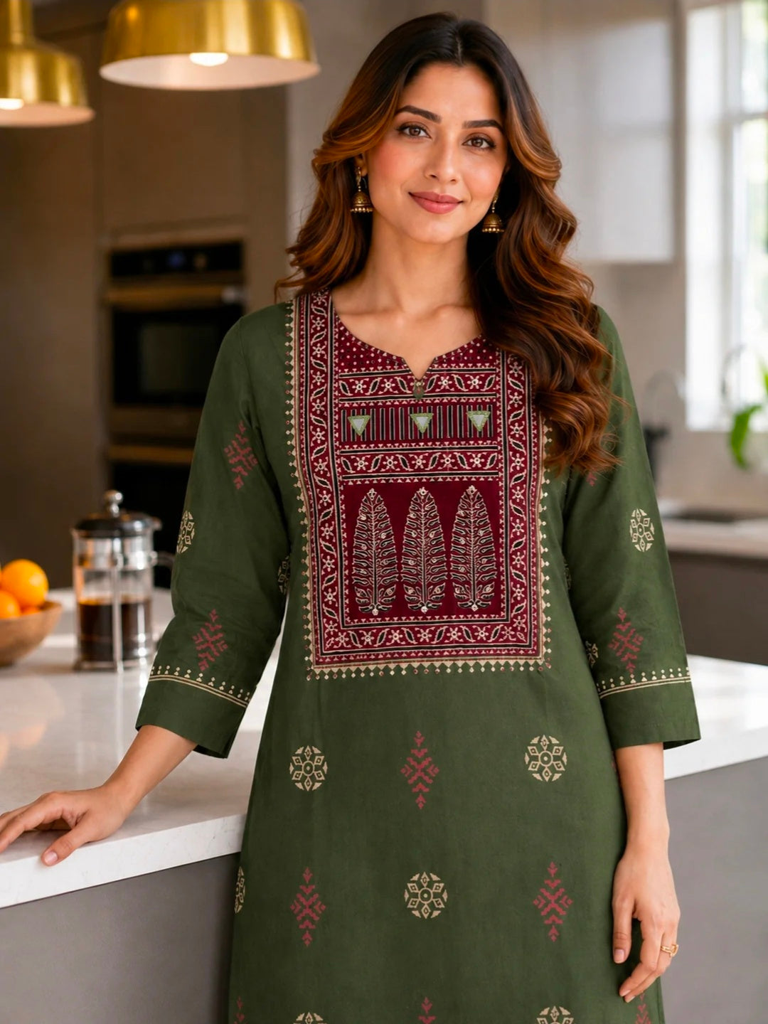 Berrylicious Women Cotton Ethnic Motif Printed Mirror Embroidered Straight Kurta with Palazzo Pants