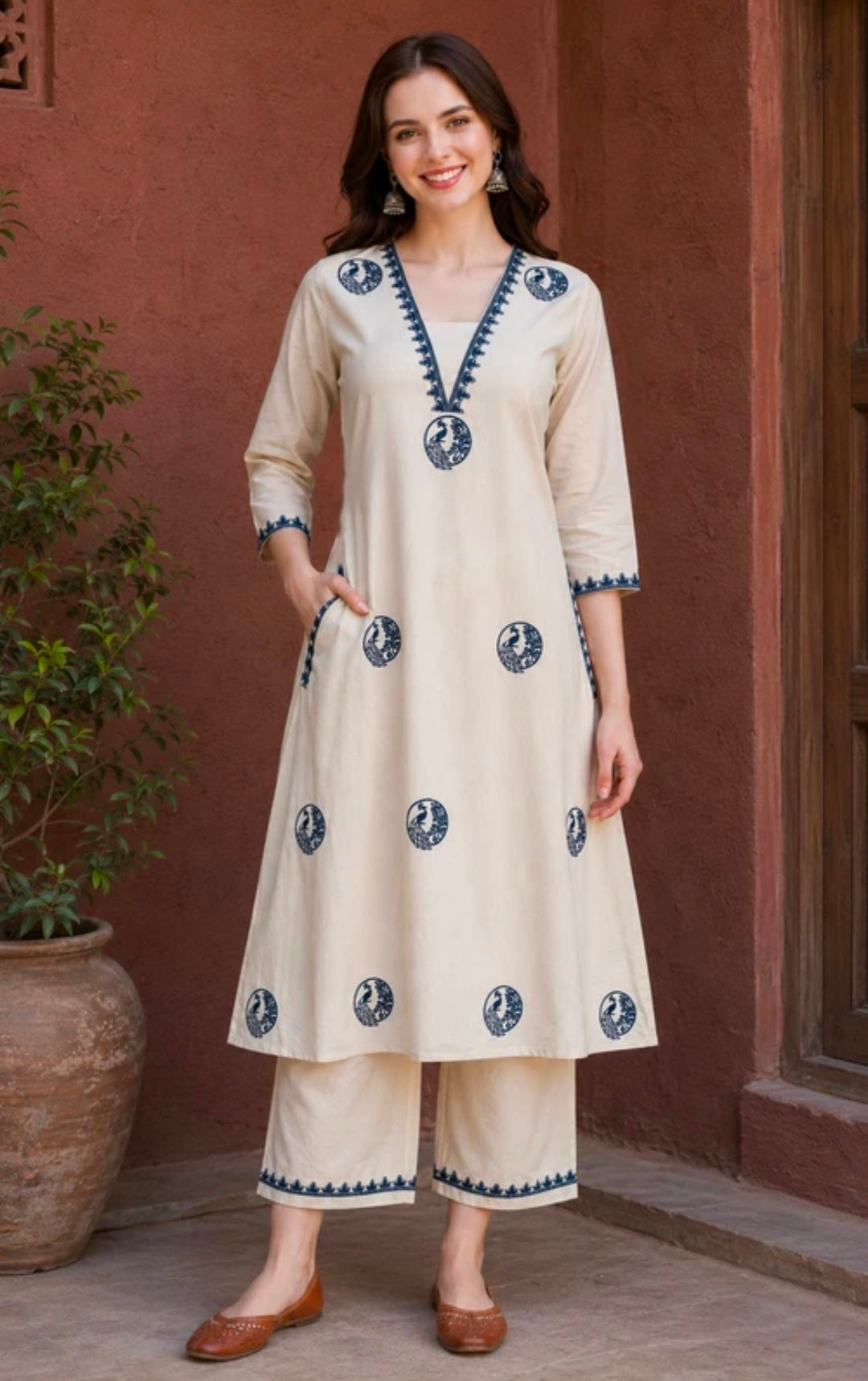 Women's Pure Cotton A-Line Kurta Palazzo Pant Set | Embroidered Ethnic Motifs Style